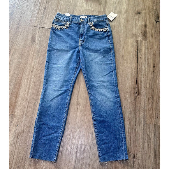 NWT Good American Good Classic Crystal Fringe Jeans Size 4/27 Medium Wash Raw - Picture 2 of 10